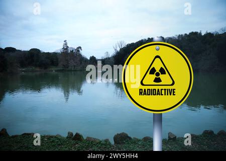 Radioactive pollution. Yellow warning sign with hazard symbol near lake Stock Photo