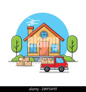 House and Delivery Truck with Boxes Vector Illustration. Home Delivery Concept Design Stock Vector