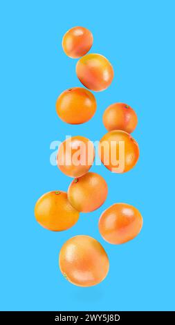 Fresh ripe grapefruits falling on light blue background Stock Photo