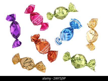 Candies in bright wrappers falling on white background Stock Photo