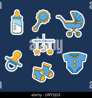 Cute Baby Supplies Stickers Collection Vector Illustration. Baby Element Concept Design Stock Vector