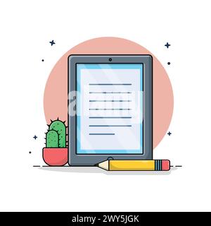 Tablet with Pencil and Cactus Vase Vector Illustration. Ebook Concept Design Stock Vector