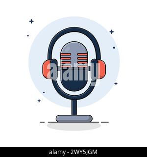 Podcast Microphone with Headphone Vector Illustration. Podcast Logo Concept Design Stock Vector