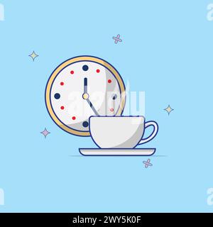 Cup of Coffee and Clock Vector Illustration Creative Concept. Modern Life Style, Coffee Time, Coffee Break Concept. Morning Awakening Coffee Time Flat Stock Vector