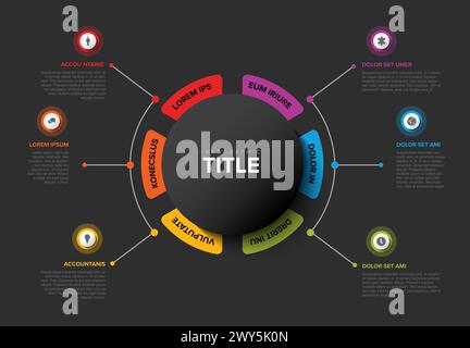 Simple Colorful Circular Infographic Design Template with six element and big circle with title in the middle on the dark background. Modern multipurp Stock Vector