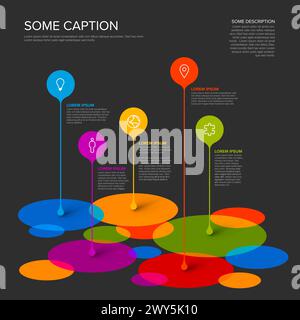 Vector multipurpose Infographic template made from droplet pointers on mosaic of circle items with icons, descriptions and legend. Multipurpose dark i Stock Vector