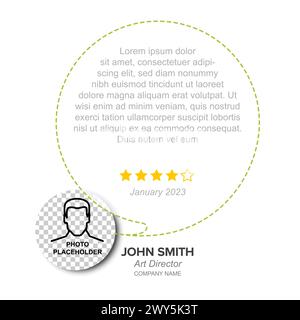 Simple light and minimalistic client user customer testimonial review card layout template with photo placeholder and sample, message in green circle Stock Vector