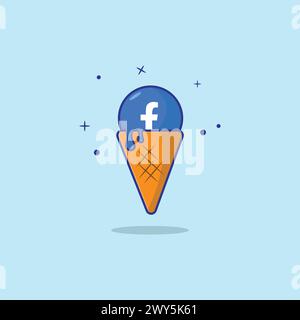 Cute Facebook  Melting Cone Ice Cream Vector Illustration. Flat Cartoon Style Design for T Shirt Stock Vector