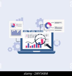 Graphs Information Report Analysis on Laptop Screen Vector Illustration. Data Analysis Concept Stock Vector