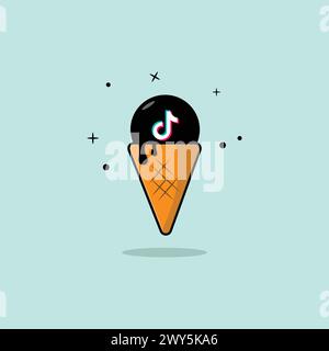 Cute TikTok  Melting Cone Ice Cream Vector Illustration. Flat Cartoon Style Design for T Shirt Stock Vector