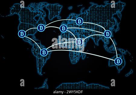 International bitcoin transactions on a dark world map background. Stock Photo