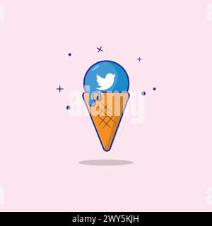 Cute Old Twitter Melting Cone Ice Cream Vector Illustration. Flat Cartoon Style Design for T Shirt Stock Vector