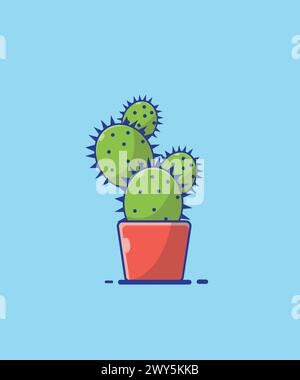 Green cactus in a flower clay pot in vector flat Cartoon illustration style. Isolated object of a succulent plant and pot Stock Vector