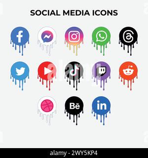 Melting Social Media Logo Pack. Flat Social Media Icons Vector Set Design Stock Vector