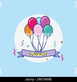 Surprise Illustration with Helium Balloons. Flat Cartoon Style Vector Design. Surprise Word Concepts Banner. Stock Vector