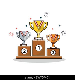 Trophies on Podium Line Vector Illustration. Winner 1st 2st and 3st Position Stock Vector