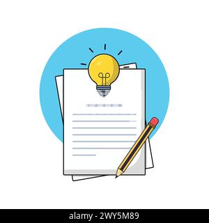 Creative Writing Concept Illustration. Pencil, Paper, and Light Bulb Vector Illustration Stock Vector
