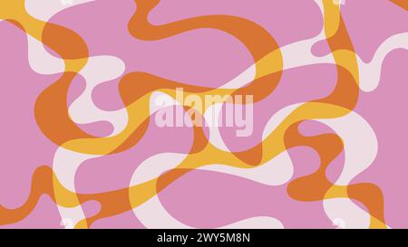Psychedelic groovy pattern in retro 60s-70 s style. Vintage wavy background in pink, yellow, orange and beige colors. Liquid shapes vector design. Stock Vector