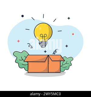 Light Idea Bulb and Cardboard Box Vector Illustration. Think Outside the Box Concept Stock Vector