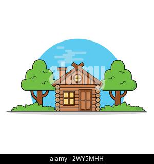 Wooden Forest Hut with Green Trees Vector Illustration Stock Vector