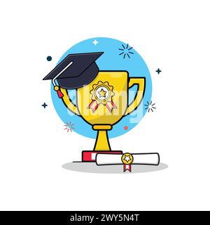 Graduation Certificate and Hat with Trophy Cup Vector Illustration Stock Vector