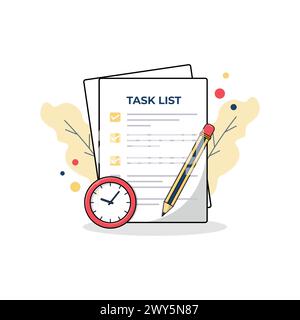 Task List with Clock and Pencil Vector Illustration. Work Process Concept Design Stock Vector
