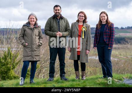 (left to right) Maree Todd MSP, First Minister Humza Yousaf, SNP candidate for Caithness Sutherland and Easter Ross Lucy Beattie and Kate Forbes MSP during a visit to Dingwall and Highland Mart in Dingwall in The Highlands of Scotland. Picture date: Thursday April 4, 2024. Stock Photo