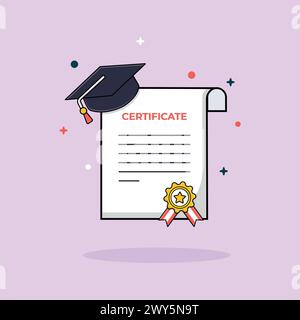 Graduation Certificate with Medal and Hat Vector Illustration. Stock Vector
