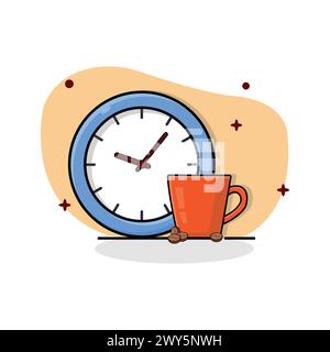 Coffee cup and clock vector illustration coffee time concept flat cartoon style design Stock Vector