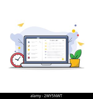 Todo List in Computer with Clock Vector Illustration. Work Process Concept Design Stock Vector