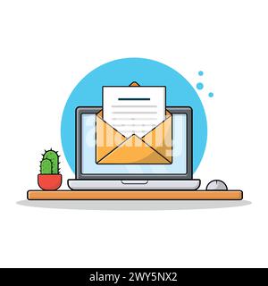 Vector illustration of an open envelope with a letter emerging on a laptop screen. Digital Outreach Concept. Stock Vector