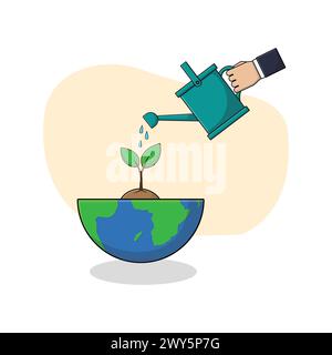 Watering Growing Plant on Half Earth Globe Vector Illustration. Save the Planet Concept Stock Vector