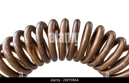 Detailed close-up of intertwined wooden spiral coils on a white background. 3d Stock Photo