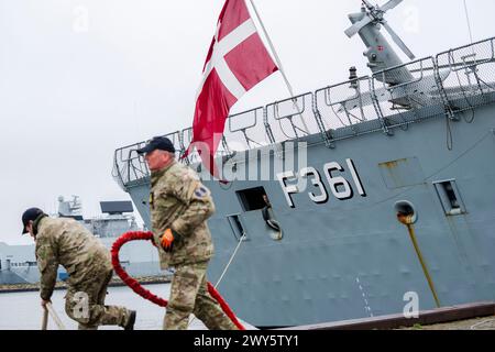 The frigate Iver Huitfeldt arrives at the base port at Naval Station Korsoer on Thursday, April 4, 2024. Since February 2024, the Danish frigate Iver Huitfeldt has been deployed in the Red Sea as part of the international coalition Operation Prosperity Guardian. The coalition's task is to protect civilian shipping from attacks by the Houthi movement in Yemen. (Photo: Ida Marie Odgaard/Ritzau Scanpix) Stock Photo