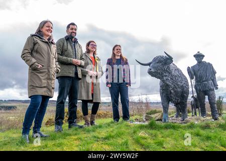 (left to right) Maree Todd MSP, First Minister Humza Yousaf, SNP candidate for Caithness Sutherland and Easter Ross Lucy Beattie and Kate Forbes MSP during a visit to Dingwall and Highland Mart in Dingwall in The Highlands of Scotland. Picture date: Thursday April 4, 2024. Stock Photo