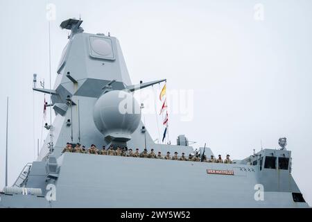 The frigate Iver Huitfeldt arrives at the base port at Naval Station Korsoer on Thursday, April 4, 2024. Since February 2024, the Danish frigate Iver Huitfeldt has been deployed in the Red Sea as part of the international coalition Operation Prosperity Guardian. The coalition's task is to protect civilian shipping against attacks from the Houthi movement in Yemen.. (Photo: Ida Marie Odgaard/Ritzau Scanpix) Stock Photo