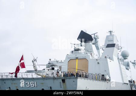 The frigate Iver Huitfeldt arrives at the base port at Naval Station Korsoer on Thursday, April 4, 2024. Since February 2024, the Danish frigate Iver Huitfeldt has been deployed in the Red Sea as part of the international coalition Operation Prosperity Guardian. The coalition's task is to protect civilian shipping against attacks from the Houthi movement in Yemen. (Photo: Ida Marie Odgaard/Ritzau Scanpix) Stock Photo