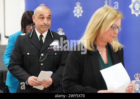 (left to right) Director of Public Health at Hull City Council Julia Weldon, Assistant Chief Constable Thom McLoughlin, and Director of Housing, Transportation, and Public Protection at East Riding of Yorkshire Council Angela Dearing leave following a press conference at Melton Police Station, North Ferriby, Hull, to give updates on the investigation into Legacy Independent Funeral Directors. Picture date: Thursday April 4, 2024. Stock Photo