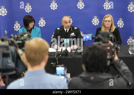 (left to right) Director of Public Health at Hull City Council Julia Weldon, Assistant Chief Constable Thom McLoughlin, and Director of Housing, Transportation, and Public Protection at East Riding of Yorkshire Council Angela Dearing speak at a press conference at Melton Police Station, North Ferriby, Hull, to give updates on the investigation into Legacy Independent Funeral Directors. Picture date: Thursday April 4, 2024. Stock Photo