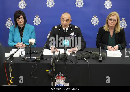 (left to right) Director of Public Health at Hull City Council Julia Weldon, Assistant Chief Constable Thom McLoughlin, and Director of Housing, Transportation, and Public Protection at East Riding of Yorkshire Council Angela Dearing speak at a press conference at Melton Police Station, North Ferriby, Hull, to give updates on the investigation into Legacy Independent Funeral Directors. Picture date: Thursday April 4, 2024. Stock Photo