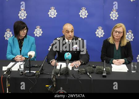 (left to right) Director of Public Health at Hull City Council Julia Weldon, Assistant Chief Constable Thom McLoughlin, and Director of Housing, Transportation, and Public Protection at East Riding of Yorkshire Council Angela Dearing speak at a press conference at Melton Police Station, North Ferriby, Hull, to give updates on the investigation into Legacy Independent Funeral Directors. Picture date: Thursday April 4, 2024. Stock Photo