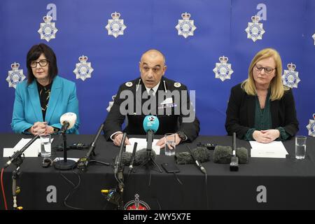 (left to right) Director of Public Health at Hull City Council Julia Weldon, Assistant Chief Constable Thom McLoughlin, and Director of Housing, Transportation, and Public Protection at East Riding of Yorkshire Council Angela Dearing speak at a press conference at Melton Police Station, North Ferriby, Hull, to give updates on the investigation into Legacy Independent Funeral Directors. Picture date: Thursday April 4, 2024. Stock Photo