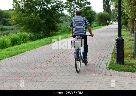 The picture shows an elderly man riding a bicycle along a park path. Stock Photo