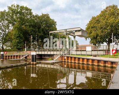 Gieselau canal lock and bascule bridge from Kiel Canal to Eider, Schleswig-Holstein, Germany Stock Photo