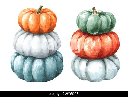 Pumpkins set. Hand drawn watercolor painting on white background ...