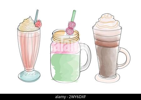 Three distinct beverages are showcased. Each drink features its unique characteristics, colors, and containers Stock Vector