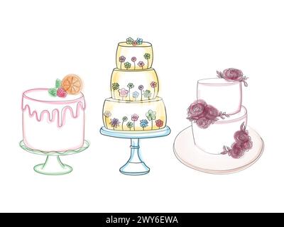 The drawing depicts three distinct types of cakes, showcasing the variety in design, shape, and decorations. Each cake is uniquely presented, highlighting their differences in style and flavor Stock Vector