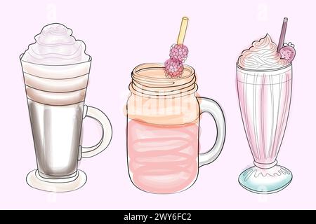 Each in a separate glass, three beverages are displayed on a bright pink surface. The drinks vary in color and type, adding visual interest to the composition Stock Vector