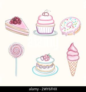 The drawing features a variety of cakes and desserts, showcasing different types such as cupcakes, tarts, pies, and pastries in a colorful and detailed illustration Stock Vector