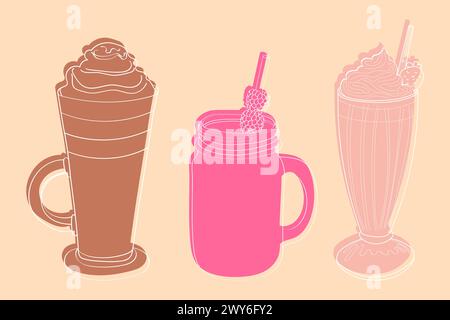 Three distinct beverages are arranged in a line, showcasing their unique colors and textures. Each drink represents a different flavor profile Stock Vector